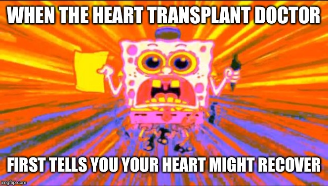 Crazy Spongebob | WHEN THE HEART TRANSPLANT DOCTOR; FIRST TELLS YOU YOUR HEART MIGHT RECOVER | image tagged in crazy spongebob,heart failure,terminal,doctor,recover,miracle | made w/ Imgflip meme maker