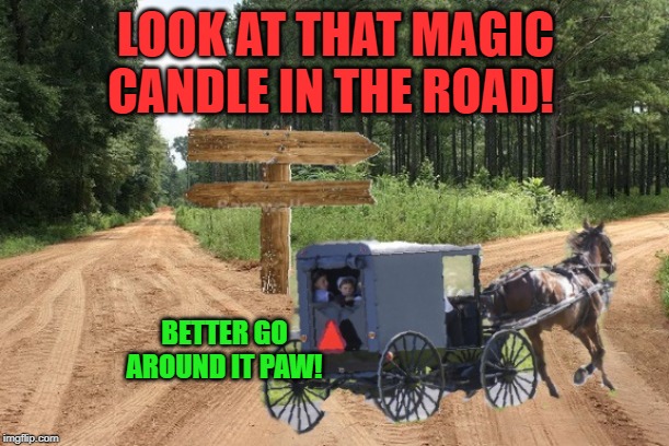 exit 12 before it was cool | LOOK AT THAT MAGIC CANDLE IN THE ROAD! BETTER GO AROUND IT PAW! | image tagged in exit 12 before it was cool | made w/ Imgflip meme maker