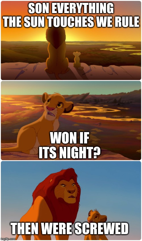 Lion King Meme | SON EVERYTHING THE SUN TOUCHES WE RULE; WON IF ITS NIGHT? THEN WERE SCREWED | image tagged in lion king meme | made w/ Imgflip meme maker