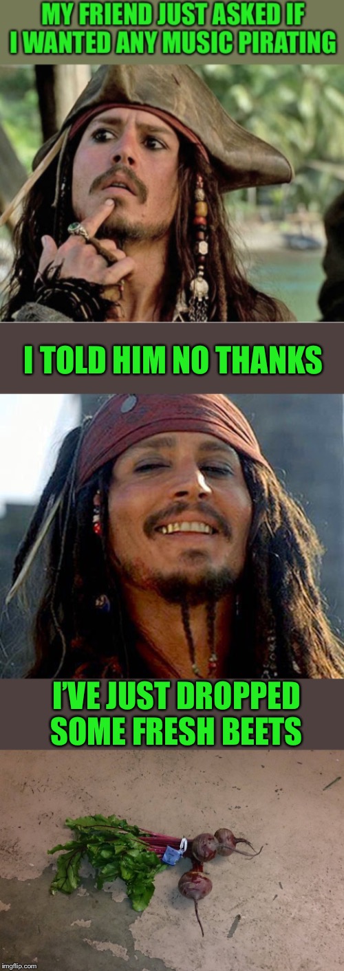 Who needs Pirate Bay, when you’ve got fresh beets? | I TOLD HIM NO THANKS; I’VE JUST DROPPED SOME FRESH BEETS | image tagged in music,pirates,fresh,beets,confused dafuq jack sparrow what,vegetables | made w/ Imgflip meme maker