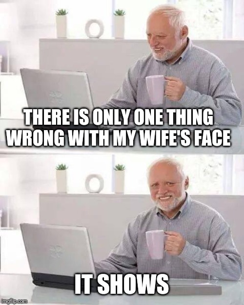 Hide the Pain Harold | THERE IS ONLY ONE THING WRONG WITH MY WIFE'S FACE; IT SHOWS | image tagged in memes,hide the pain harold | made w/ Imgflip meme maker