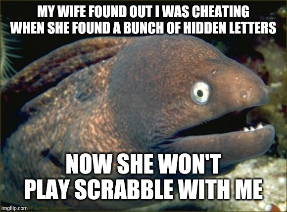 Cheater | MY WIFE FOUND OUT I WAS CHEATING WHEN SHE FOUND A BUNCH OF HIDDEN LETTERS; NOW SHE WON'T PLAY SCRABBLE WITH ME | image tagged in memes,bad joke eel | made w/ Imgflip meme maker