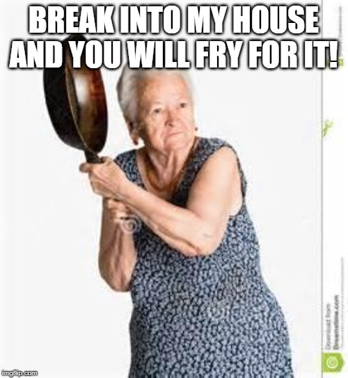 angry old woman | BREAK INTO MY HOUSE AND YOU WILL FRY FOR IT! | image tagged in angry old woman | made w/ Imgflip meme maker