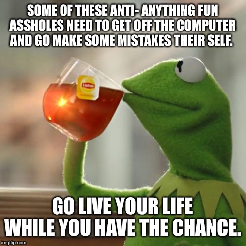 But That's None Of My Business Meme | SOME OF THESE ANTI- ANYTHING FUN ASSHOLES NEED TO GET OFF THE COMPUTER AND GO MAKE SOME MISTAKES THEIR SELF. GO LIVE YOUR LIFE WHILE YOU HAVE THE CHANCE. | image tagged in memes,but thats none of my business,kermit the frog | made w/ Imgflip meme maker