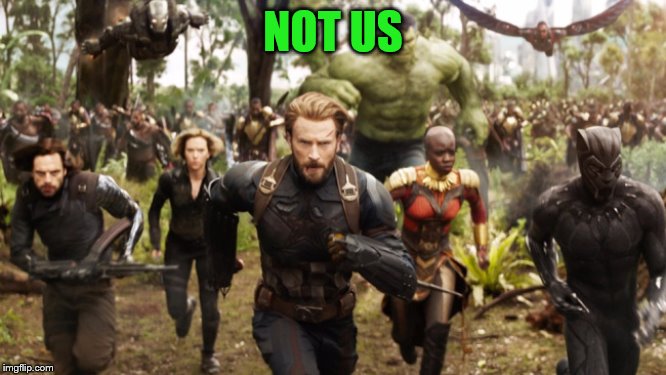 Avengers Infinity War Running | NOT US | image tagged in avengers infinity war running | made w/ Imgflip meme maker