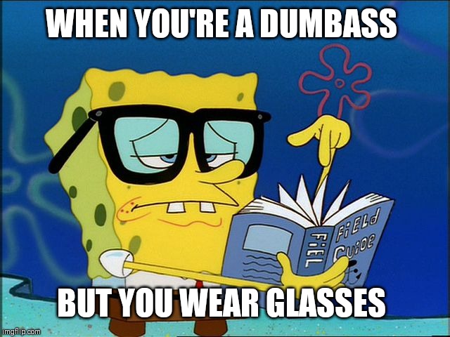Spongebob nerd | WHEN YOU'RE A DUMBASS; BUT YOU WEAR GLASSES | image tagged in spongebob nerd | made w/ Imgflip meme maker