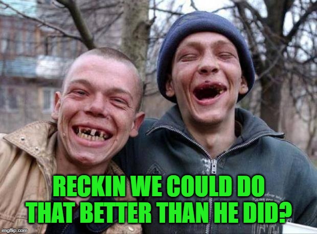 No teeth | RECKIN WE COULD DO THAT BETTER THAN HE DID? | image tagged in no teeth | made w/ Imgflip meme maker