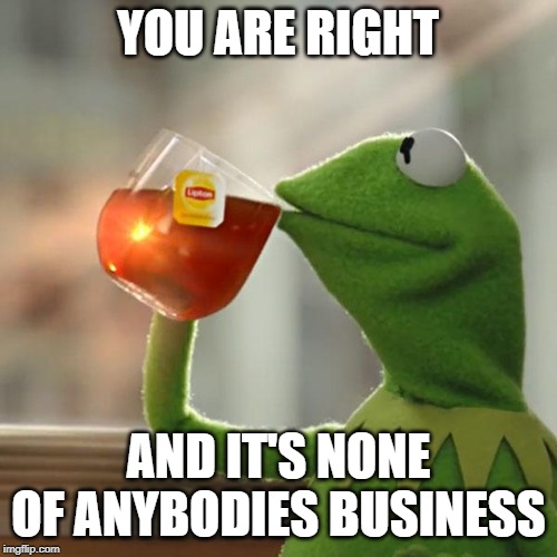 But That's None Of My Business Meme | YOU ARE RIGHT AND IT'S NONE OF ANYBODIES BUSINESS | image tagged in memes,but thats none of my business,kermit the frog | made w/ Imgflip meme maker