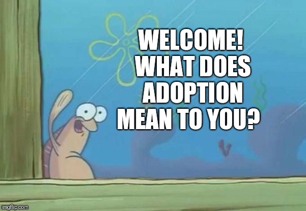 spongebob waving fish | WELCOME! 
WHAT DOES ADOPTION MEAN TO YOU? | image tagged in spongebob waving fish | made w/ Imgflip meme maker