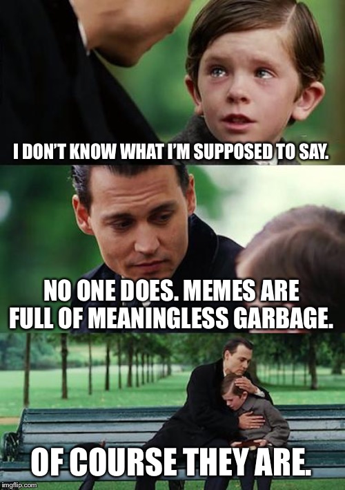 The Truth About Memes: | I DON’T KNOW WHAT I’M SUPPOSED TO SAY. NO ONE DOES. MEMES ARE FULL OF MEANINGLESS GARBAGE. OF COURSE THEY ARE. | image tagged in memes,finding neverland,mocking,garbage,funny,crying | made w/ Imgflip meme maker