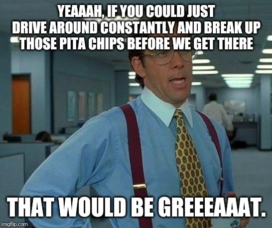 That Would Be Great Meme | YEAAAH, IF YOU COULD JUST DRIVE AROUND CONSTANTLY AND BREAK UP THOSE PITA CHIPS BEFORE WE GET THERE; THAT WOULD BE GREEEAAAT. | image tagged in memes,that would be great | made w/ Imgflip meme maker