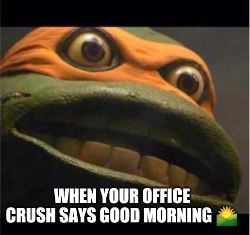 I look cool at work. | WHEN YOUR OFFICE CRUSH SAYS GOOD MORNING 🌄 | image tagged in teen age mutant ninja turtle,office,office humor,romance,panic attack,when your crush | made w/ Imgflip meme maker