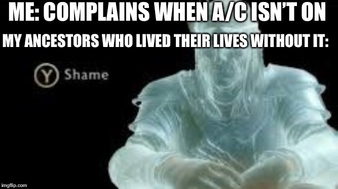 Y (Shame) | ME: COMPLAINS WHEN A/C ISN’T ON; MY ANCESTORS WHO LIVED THEIR LIVES WITHOUT IT: | image tagged in y shame | made w/ Imgflip meme maker