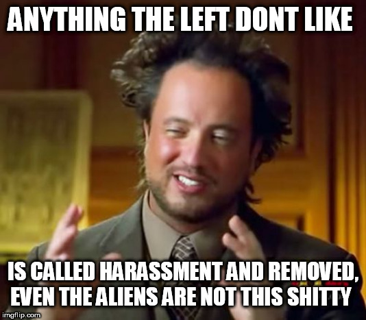 Ancient Aliens | ANYTHING THE LEFT DONT LIKE; IS CALLED HARASSMENT AND REMOVED, EVEN THE ALIENS ARE NOT THIS SHITTY | image tagged in memes,ancient aliens | made w/ Imgflip meme maker