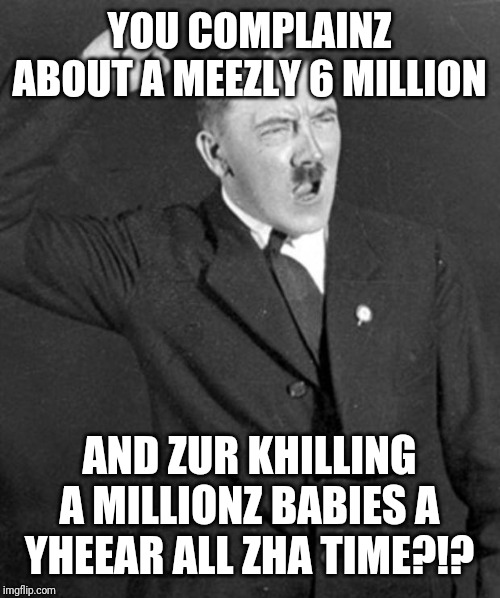 Angry Hitler | YOU COMPLAINZ ABOUT A MEEZLY 6 MILLION AND ZUR KHILLING A MILLIONZ BABIES A YHEEAR ALL ZHA TIME?!? | image tagged in angry hitler | made w/ Imgflip meme maker