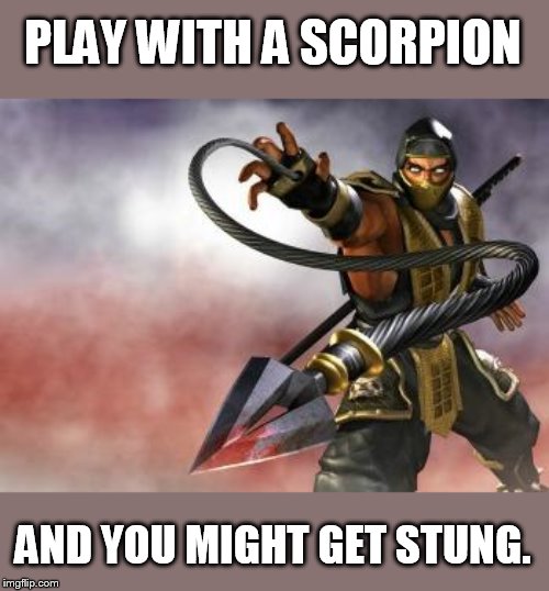 Get Over Here | PLAY WITH A SCORPION; AND YOU MIGHT GET STUNG. | image tagged in get over here | made w/ Imgflip meme maker