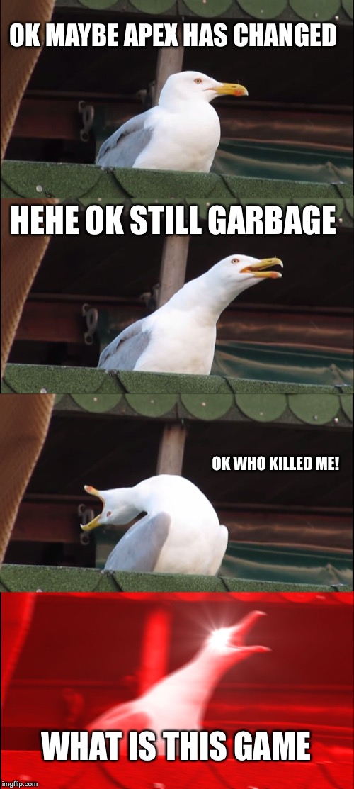 Inhaling Seagull | OK MAYBE APEX HAS CHANGED; HEHE OK STILL GARBAGE; OK WHO KILLED ME! WHAT IS THIS GAME | image tagged in memes,inhaling seagull | made w/ Imgflip meme maker
