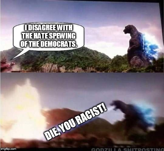 Spew hate to all that disagree. | I DISAGREE WITH THE HATE SPEWING OF THE DEMOCRATS. DIE, YOU RACIST! | image tagged in godzilla hates x | made w/ Imgflip meme maker