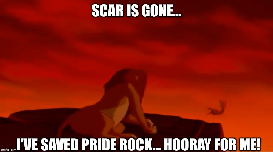 Simba Saves Pride Rock... hooray | SCAR IS GONE... I’VE SAVED PRIDE ROCK... HOORAY FOR ME! | image tagged in simba saves pride rock,hooray for me,simba,scar,the lion king | made w/ Imgflip meme maker