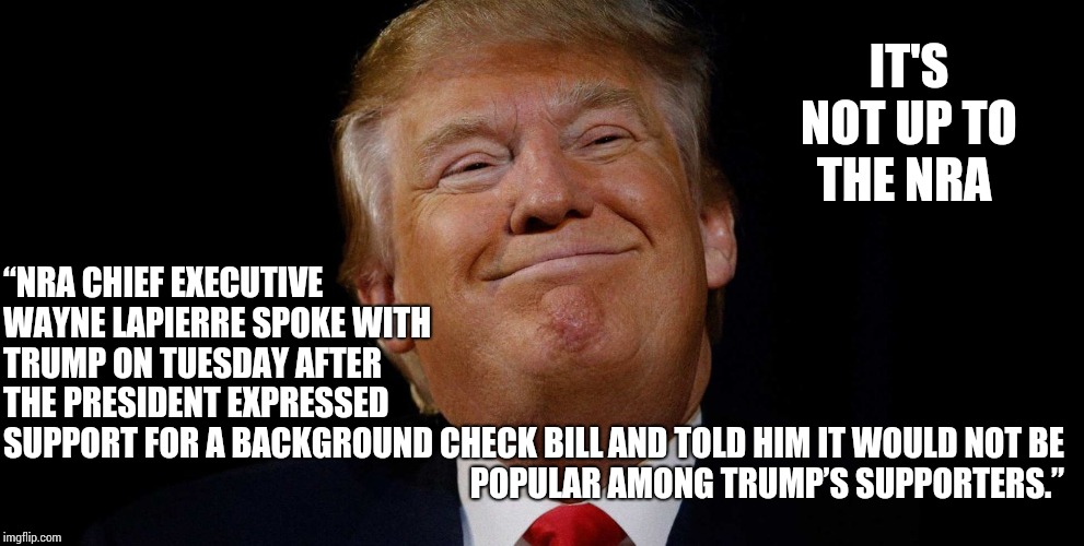 I Bet It's Popular Amongst The People Getting Shot By American Terrorists Though | IT'S NOT UP TO THE NRA; “NRA CHIEF EXECUTIVE WAYNE LAPIERRE SPOKE WITH TRUMP ON TUESDAY AFTER THE PRESIDENT EXPRESSED SUPPORT FOR A BACKGROUND CHECK BILL; AND TOLD HIM IT WOULD NOT BE POPULAR AMONG TRUMP’S SUPPORTERS.” | image tagged in trump gun controlz,gun control,make up your mind,nra,memes,guns | made w/ Imgflip meme maker