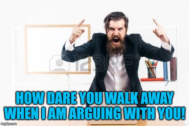 yelling | HOW DARE YOU WALK AWAY WHEN I AM ARGUING WITH YOU! | image tagged in yelling | made w/ Imgflip meme maker