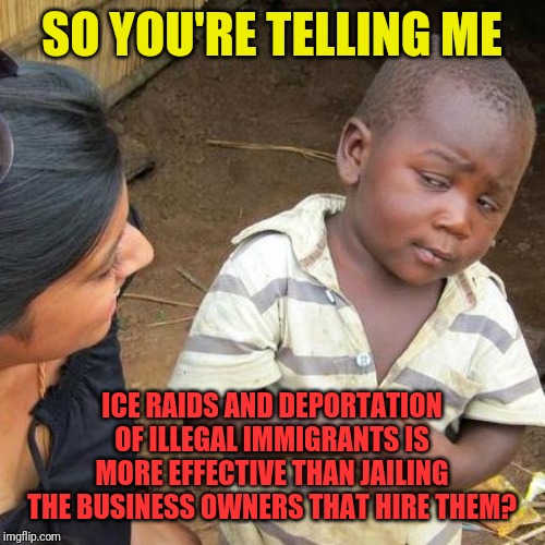Third World Skeptical Kid Meme | SO YOU'RE TELLING ME; ICE RAIDS AND DEPORTATION OF ILLEGAL IMMIGRANTS IS MORE EFFECTIVE THAN JAILING THE BUSINESS OWNERS THAT HIRE THEM? | image tagged in memes,third world skeptical kid | made w/ Imgflip meme maker