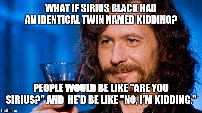 Sirius Black meme | WHAT IF SIRIUS BLACK HAD AN IDENTICAL TWIN NAMED KIDDING? PEOPLE WOULD BE LIKE "ARE YOU SIRIUS?" AND  HE'D BE LIKE "NO, I'M KIDDING." | image tagged in sirius black meme | made w/ Imgflip meme maker
