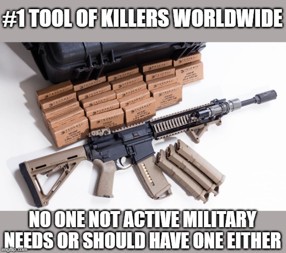 AR Ban | #1 TOOL OF KILLERS WORLDWIDE NO ONE NOT ACTIVE MILITARY NEEDS OR SHOULD HAVE ONE EITHER | image tagged in ar ban | made w/ Imgflip meme maker