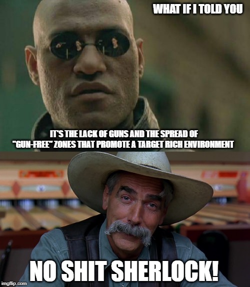 Destroying the Liberal Gun Control Argument! | WHAT IF I TOLD YOU; IT'S THE LACK OF GUNS AND THE SPREAD OF "GUN-FREE" ZONES THAT PROMOTE A TARGET RICH ENVIRONMENT; NO SHIT SHERLOCK! | image tagged in memes,matrix morpheus,gun control,2a | made w/ Imgflip meme maker