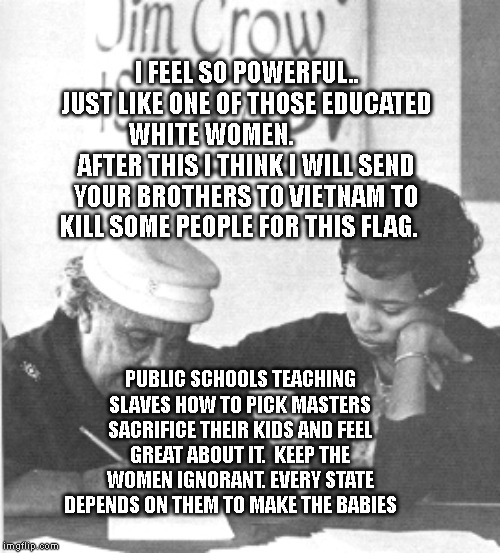 Blacks Not Voting | I FEEL SO POWERFUL.. JUST LIKE ONE OF THOSE EDUCATED WHITE WOMEN.               AFTER THIS I THINK I WILL SEND YOUR BROTHERS TO VIETNAM TO KILL SOME PEOPLE FOR THIS FLAG. PUBLIC SCHOOLS TEACHING SLAVES HOW TO PICK MASTERS SACRIFICE THEIR KIDS AND FEEL GREAT ABOUT IT.  KEEP THE WOMEN IGNORANT. EVERY STATE DEPENDS ON THEM TO MAKE THE BABIES | image tagged in blacks not voting | made w/ Imgflip meme maker