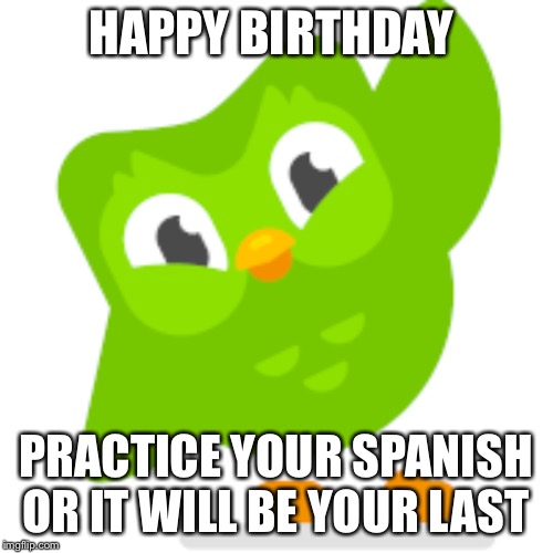 Duolingo memes | HAPPY BIRTHDAY; PRACTICE YOUR SPANISH OR IT WILL BE YOUR LAST | image tagged in duolingo memes | made w/ Imgflip meme maker