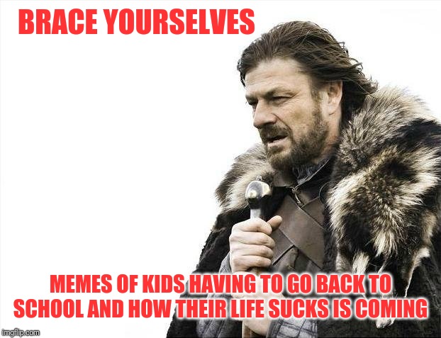 Brace Yourselves X is Coming | BRACE YOURSELVES; MEMES OF KIDS HAVING TO GO BACK TO SCHOOL AND HOW THEIR LIFE SUCKS IS COMING | image tagged in memes,brace yourselves x is coming | made w/ Imgflip meme maker