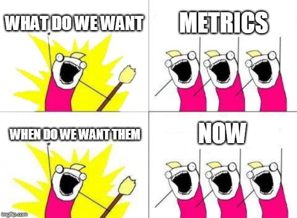 What Do We Want Meme | WHAT DO WE WANT; METRICS; NOW; WHEN DO WE WANT THEM | image tagged in memes,what do we want | made w/ Imgflip meme maker