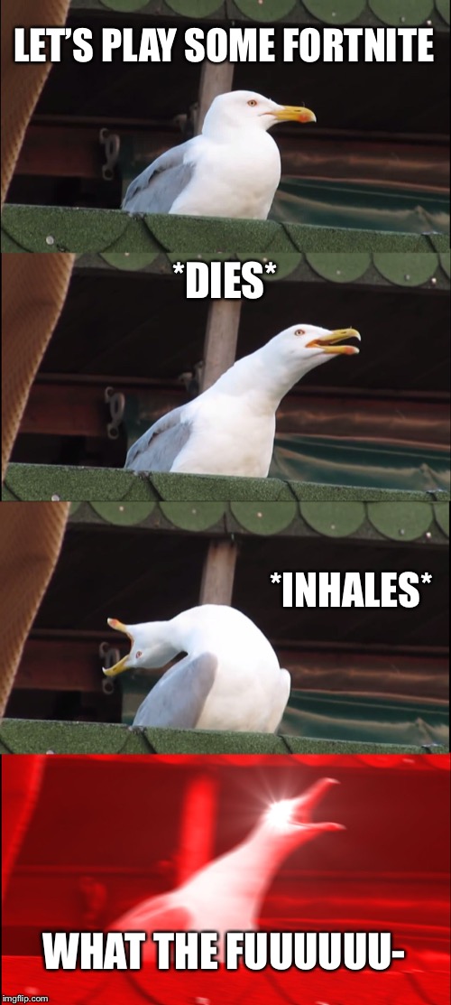 Inhaling Seagull Meme | LET’S PLAY SOME FORTNITE; *DIES*; *INHALES*; WHAT THE FUUUUUU- | image tagged in memes,inhaling seagull | made w/ Imgflip meme maker