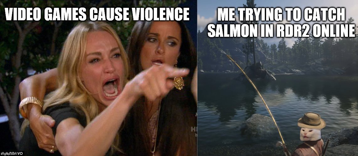  ME TRYING TO CATCH SALMON IN RDR2 ONLINE; VIDEO GAMES CAUSE VIOLENCE | image tagged in real housewives crying,confused cat,video games | made w/ Imgflip meme maker