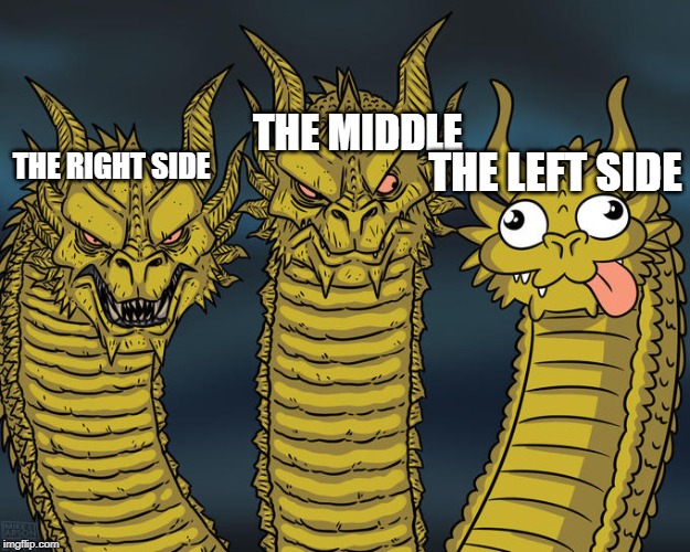 Three-headed Dragon | THE MIDDLE; THE LEFT SIDE; THE RIGHT SIDE | image tagged in three-headed dragon | made w/ Imgflip meme maker