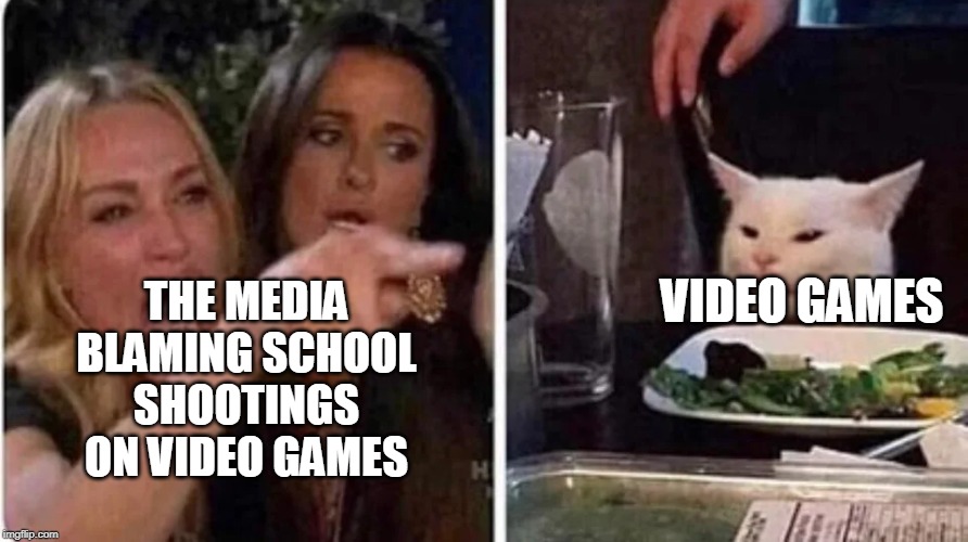 Confused Cat at Dinner | VIDEO GAMES; THE MEDIA BLAMING SCHOOL SHOOTINGS ON VIDEO GAMES | image tagged in confused cat at dinner,school shooting,video games,media | made w/ Imgflip meme maker