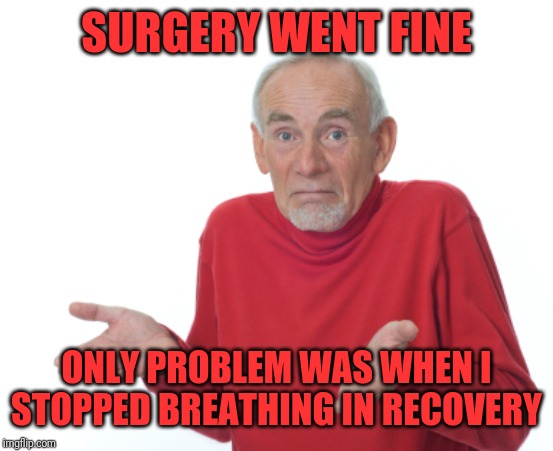Guess I'll die  | SURGERY WENT FINE ONLY PROBLEM WAS WHEN I STOPPED BREATHING IN RECOVERY | image tagged in guess i'll die | made w/ Imgflip meme maker