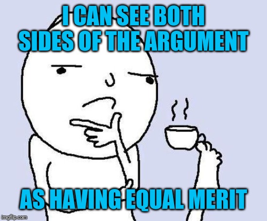 thinking meme | I CAN SEE BOTH SIDES OF THE ARGUMENT AS HAVING EQUAL MERIT | image tagged in thinking meme | made w/ Imgflip meme maker
