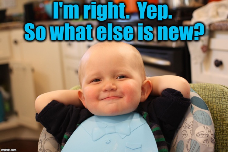 Baby Boss Relaxed Smug Content | I'm right.  Yep.  So what else is new? | image tagged in baby boss relaxed smug content | made w/ Imgflip meme maker