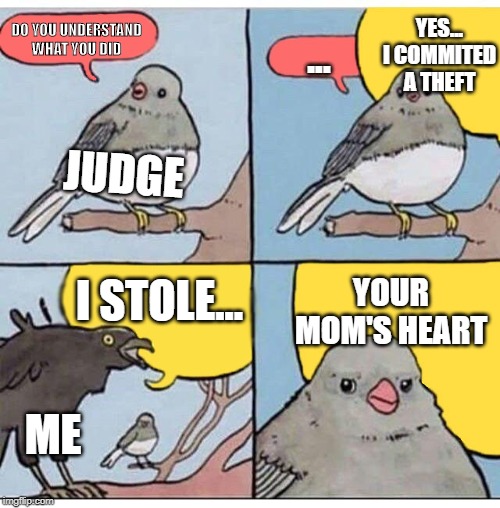 My trial | YES... I COMMITED A THEFT; DO YOU UNDERSTAND WHAT YOU DID; ... JUDGE; YOUR MOM'S HEART; I STOLE... ME | image tagged in stop,bad jokees,judge,mother,potato,im stupid | made w/ Imgflip meme maker