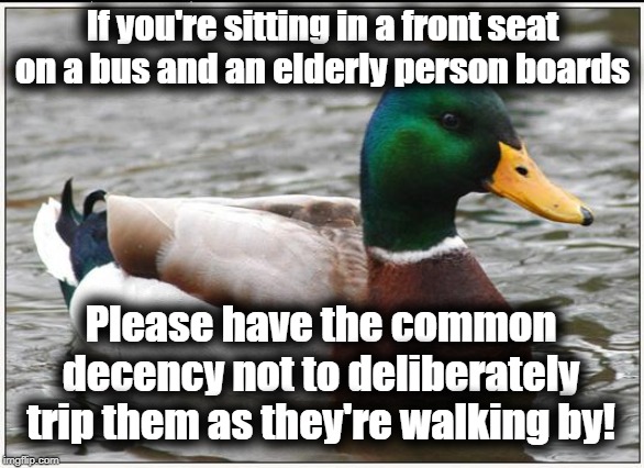 PLEASE respect your elders! |  If you're sitting in a front seat on a bus and an elderly person boards; Please have the common decency not to deliberately trip them as they're walking by! | image tagged in memes,actual advice mallard | made w/ Imgflip meme maker