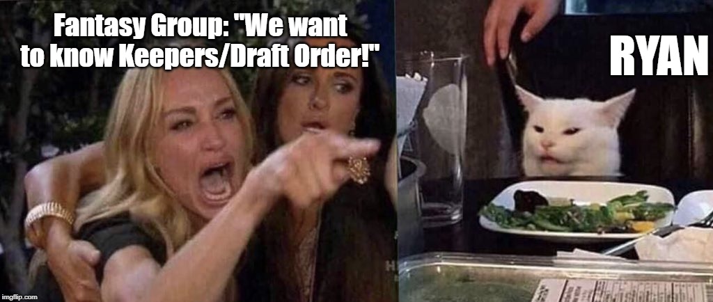 woman yelling at cat | RYAN; Fantasy Group: "We want to know Keepers/Draft Order!" | image tagged in woman yelling at cat | made w/ Imgflip meme maker