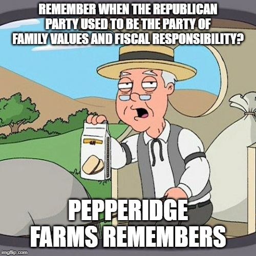 Pepperidge Farm Remembers | REMEMBER WHEN THE REPUBLICAN PARTY USED TO BE THE PARTY OF FAMILY VALUES AND FISCAL RESPONSIBILITY? PEPPERIDGE FARMS REMEMBERS | image tagged in memes,pepperidge farm remembers | made w/ Imgflip meme maker