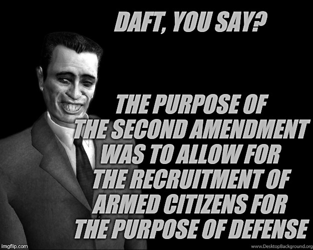 . | DAFT, YOU SAY? THE PURPOSE OF THE SECOND AMENDMENT WAS TO ALLOW FOR THE RECRUITMENT OF ARMED CITIZENS FOR THE PURPOSE OF DEFENSE | image tagged in g-man from half-life | made w/ Imgflip meme maker