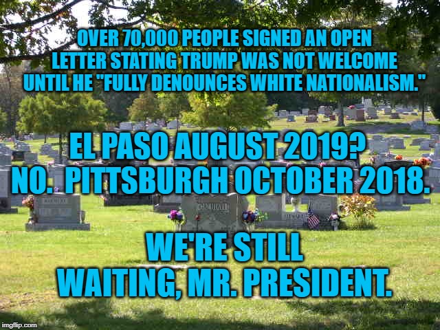 cemetery | OVER 70,000 PEOPLE SIGNED AN OPEN LETTER STATING TRUMP WAS NOT WELCOME UNTIL HE "FULLY DENOUNCES WHITE NATIONALISM."; EL PASO AUGUST 2019?  NO.  PITTSBURGH OCTOBER 2018. WE'RE STILL WAITING, MR. PRESIDENT. | image tagged in cemetery | made w/ Imgflip meme maker