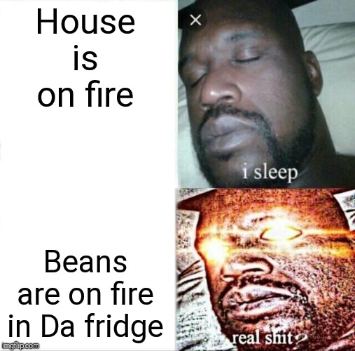 Sleeping Shaq | House is on fire; Beans are on fire in Da fridge | image tagged in memes,sleeping shaq | made w/ Imgflip meme maker