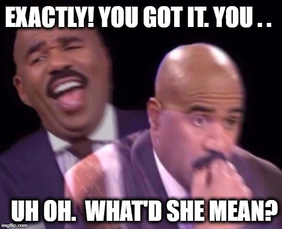 Steve Harvey Laughing Serious | EXACTLY! YOU GOT IT. YOU . . UH OH.  WHAT'D SHE MEAN? | image tagged in steve harvey laughing serious | made w/ Imgflip meme maker