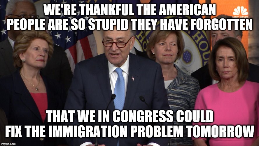 Democrat congressmen | WE'RE THANKFUL THE AMERICAN PEOPLE ARE SO STUPID THEY HAVE FORGOTTEN; THAT WE IN CONGRESS COULD FIX THE IMMIGRATION PROBLEM TOMORROW | image tagged in democrat congressmen | made w/ Imgflip meme maker