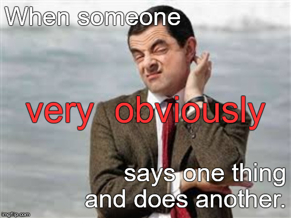Mr Bean Sarcastic | When someone says one thing and does another. very  obviously | image tagged in mr bean sarcastic | made w/ Imgflip meme maker